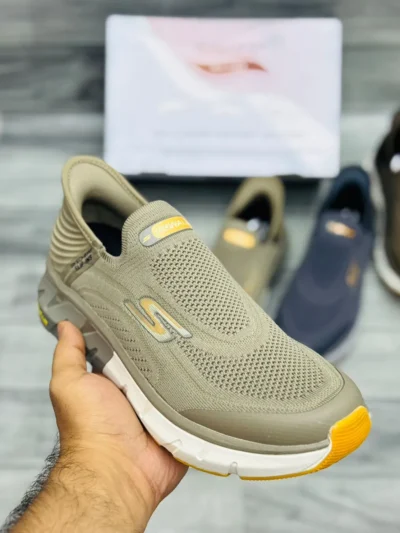 "Denzy GoWalk Max Slip-Ins Men's Olive Green Slip-On Walking Sneakers | Breathable Knit Upper | Ultra Cushioned White Sole | Maximum Comfort Walking Shoes"