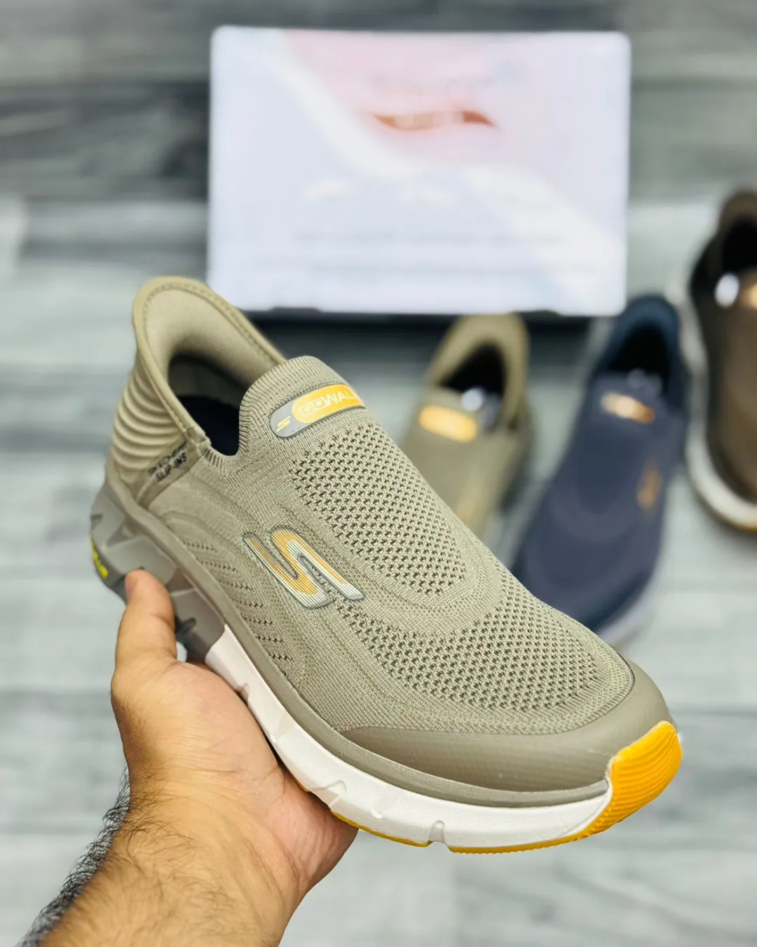 "Denzy GoWalk Max Slip-Ins Men's Olive Green Slip-On Walking Sneakers | Breathable Knit Upper | Ultra Cushioned White Sole | Maximum Comfort Walking Shoes"