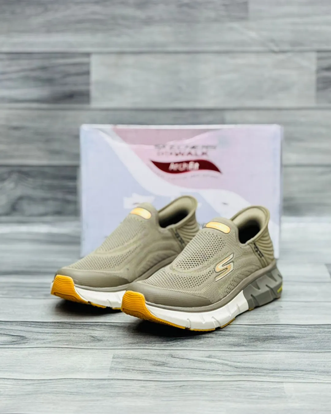 "Denzy GoWalk Max Slip-Ins Men's Olive Green Slip-On Walking Sneakers | Breathable Knit Upper | Ultra Cushioned White Sole | Maximum Comfort Walking Shoes"