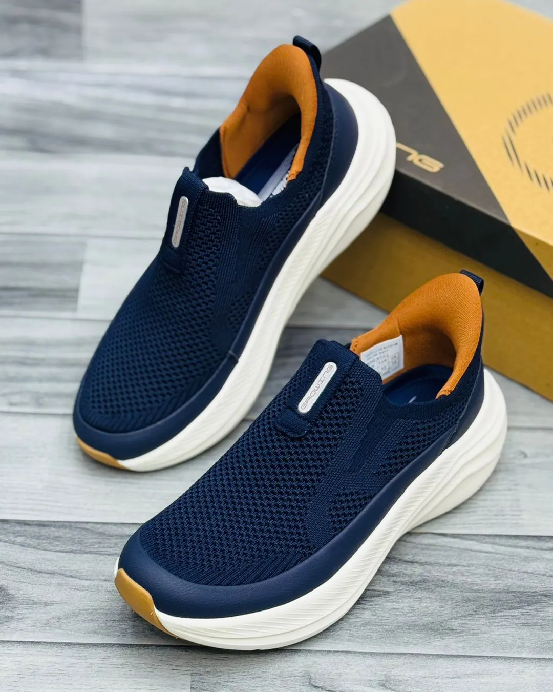 "Navy Blue Casual Shoes Men | Breathable Knit Mesh Upper | Chunky White Cushioned Sole | Easy Slip-On Design | Stylish Daily Wear Sneakers for Men