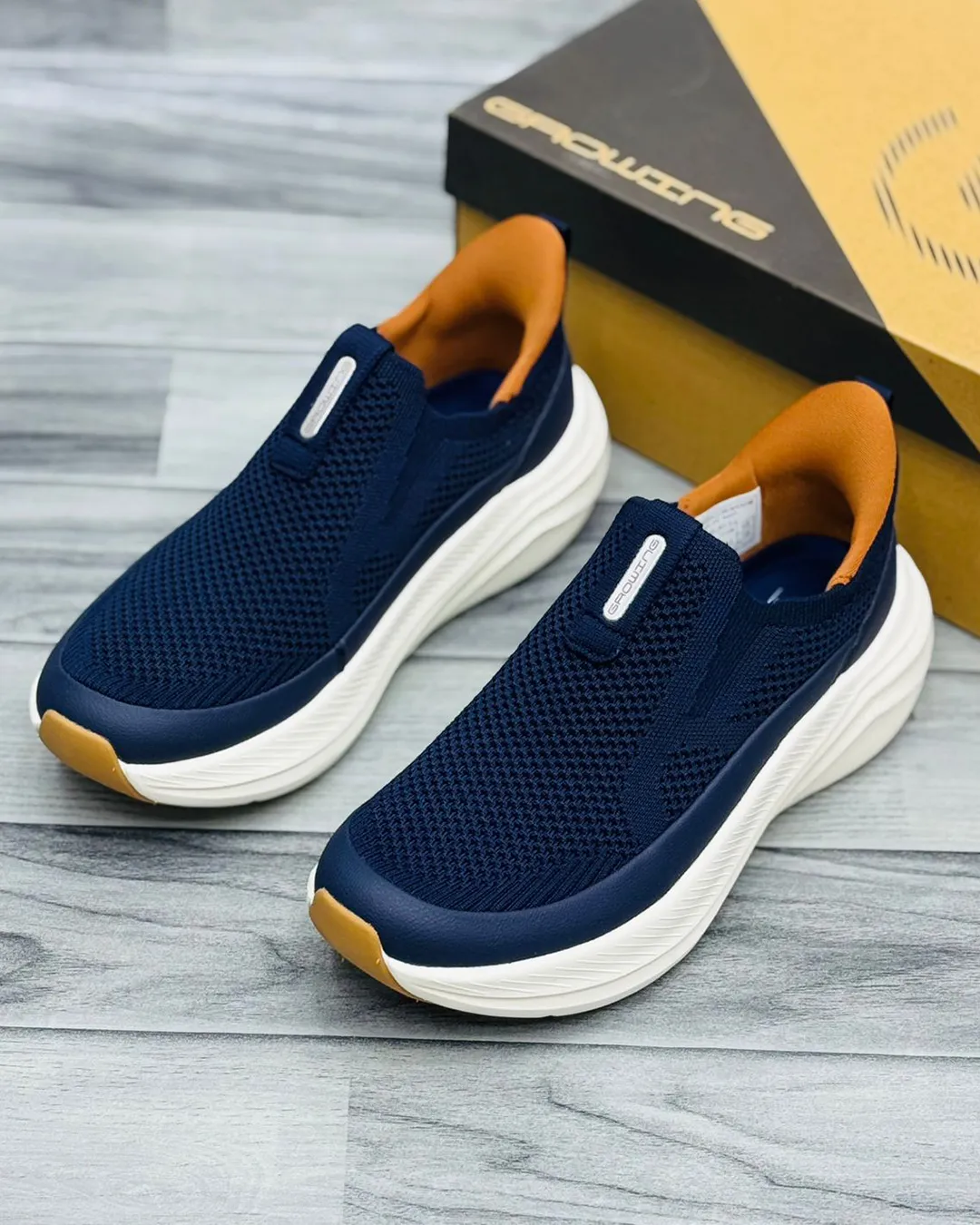 "Navy Blue Casual Shoes Men | Breathable Knit Mesh Upper | Chunky White Cushioned Sole | Easy Slip-On Design | Stylish Daily Wear Sneakers for Men