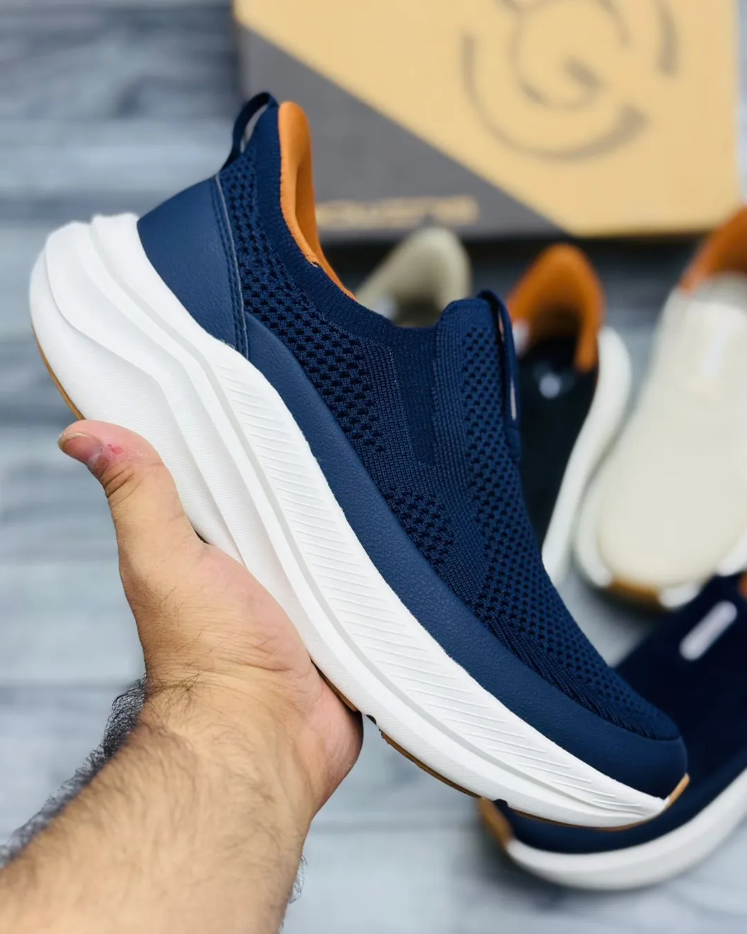 "Navy Blue Casual Shoes Men | Breathable Knit Mesh Upper | Chunky White Cushioned Sole | Easy Slip-On Design | Stylish Daily Wear Sneakers for Men