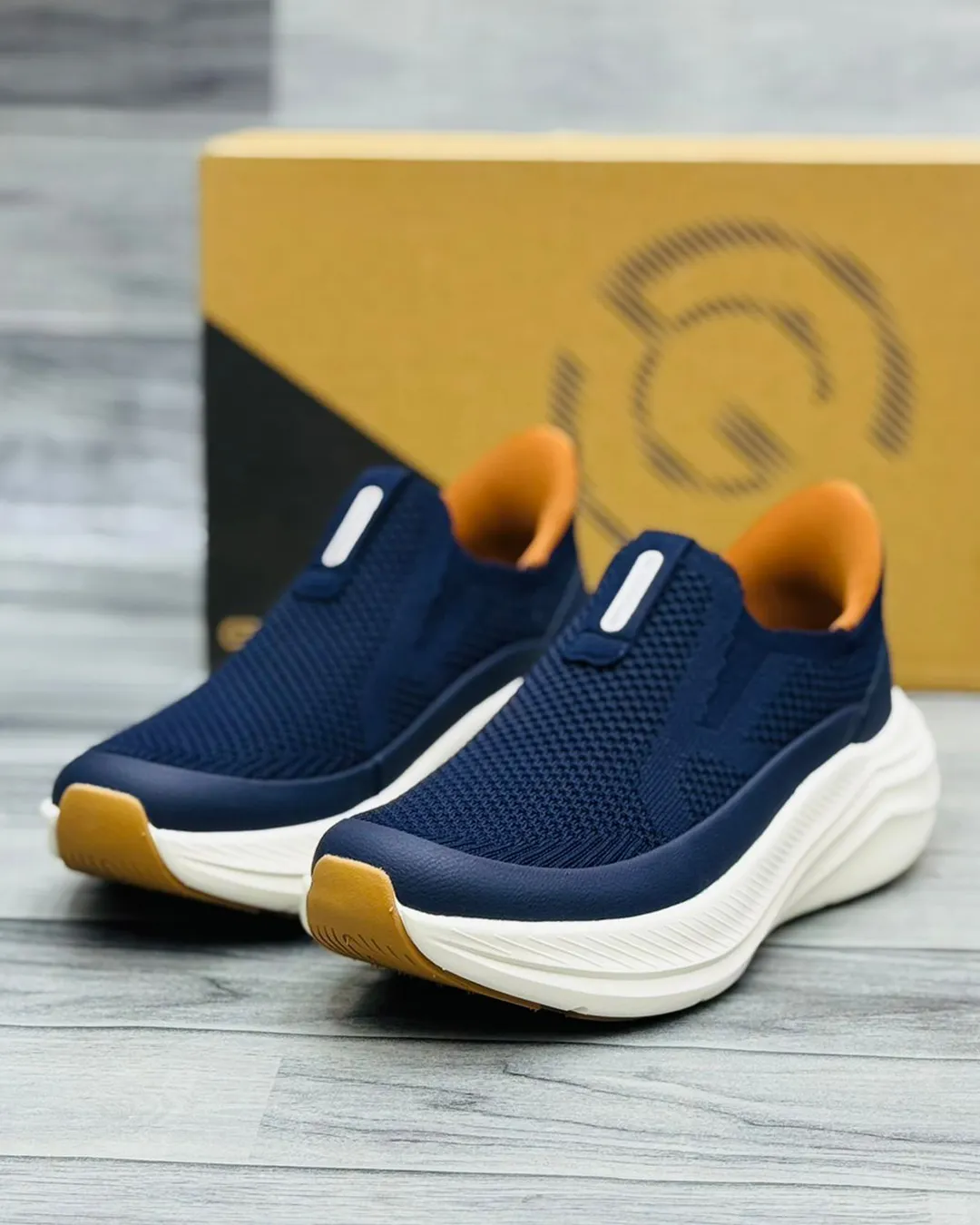 "Navy Blue Casual Shoes Men | Breathable Knit Mesh Upper | Chunky White Cushioned Sole | Easy Slip-On Design | Stylish Daily Wear Sneakers for Men